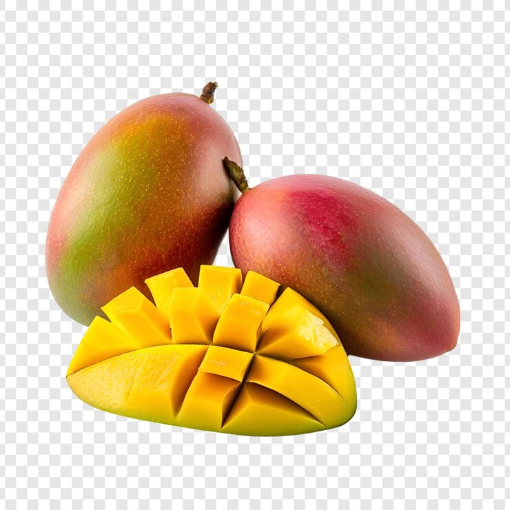 PSD tres mangos maduros frutas tropicales dulces y jugosos deliciosos aislados en transparente