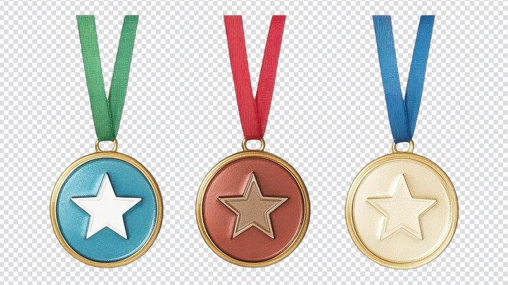 PSD três medalhas coloridas com desenhos de estrelas com fitas em azul vermelho e verde perfeitas para prêmios ou eventos de reconhecimento