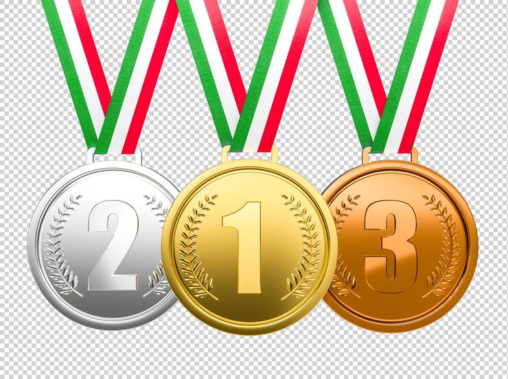 PSD três medalhas com fitas de bandeira italiana penduradas representando o primeiro, segundo e terceiro lugar