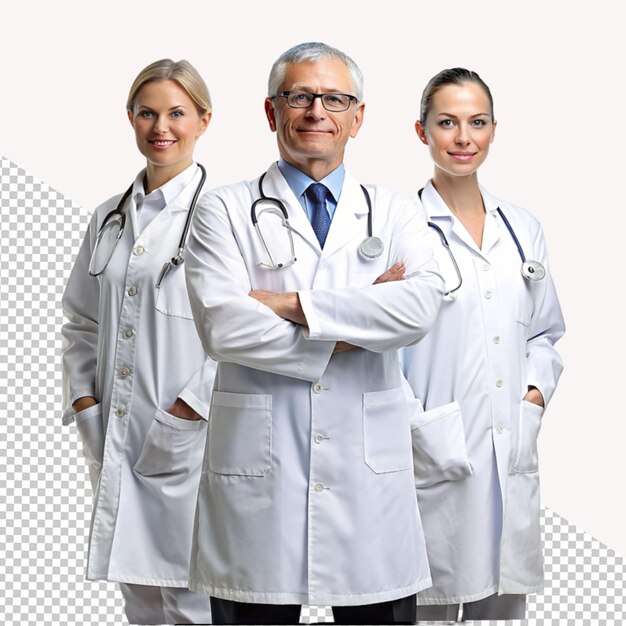 Tres médicos de pie sobre un fondo transparente