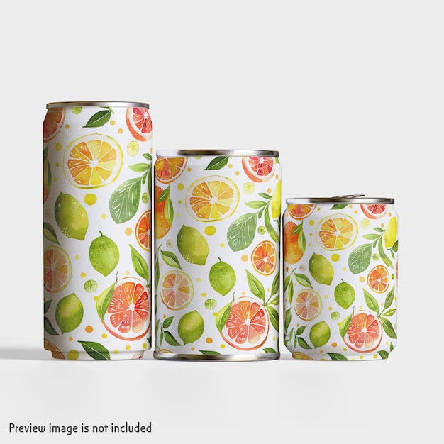 Tres mockup de lata de refresco con diferentes tamaños de PSD editables