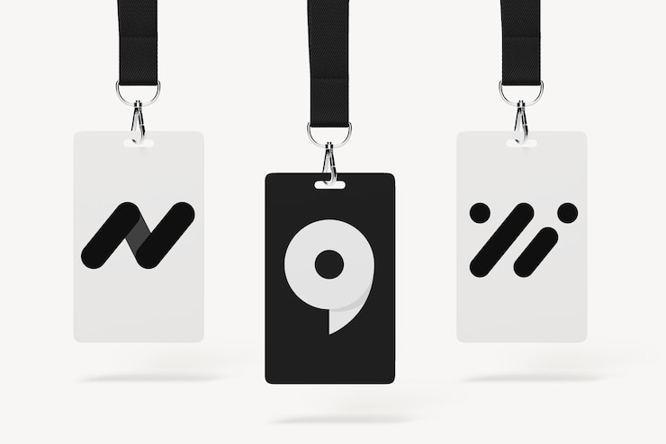 PSD tres modelos de tarjetas de identificación en blanco y negro con diseño 3d