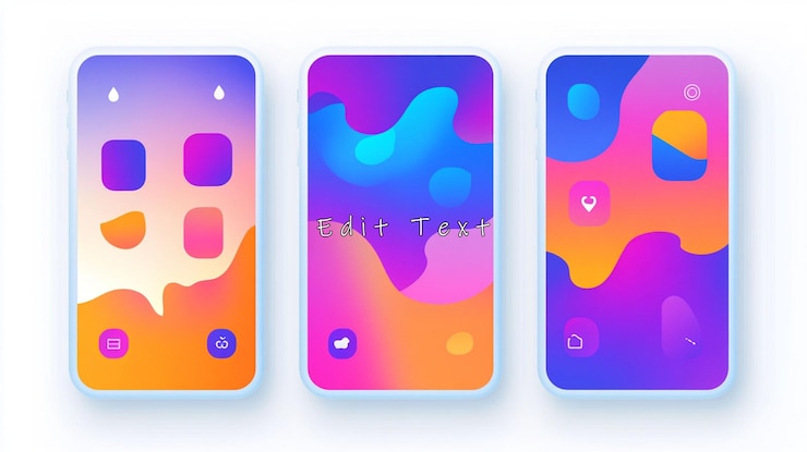 PSD tres modelos vibrantes de pantalla de teléfono con fondos de gradiente abstracto y iconos de aplicaciones