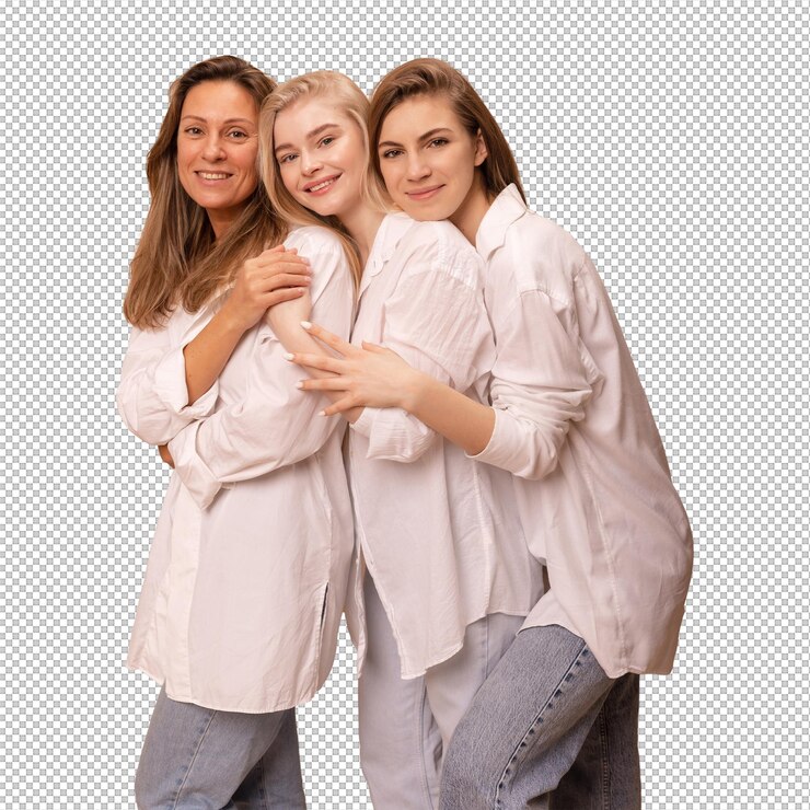 PSD tres mujeres jóvenes de piel clara con camisas blancas sonríen a la cámara abrazándose entre sí contra un fondo beige concepto de belleza femenina