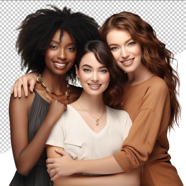 Tres mujeres posan para una foto con una de ellas tiene un fondo blanco con un fondo blanco