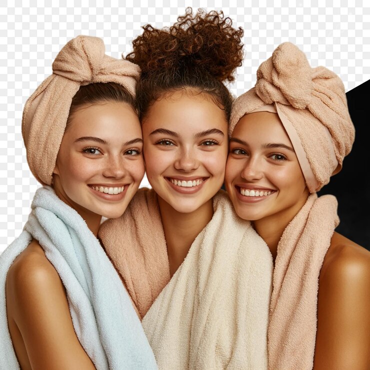 PSD três mulheres com toalhas em suas cabeças e uma delas tem um fundo preto com um fundo branco