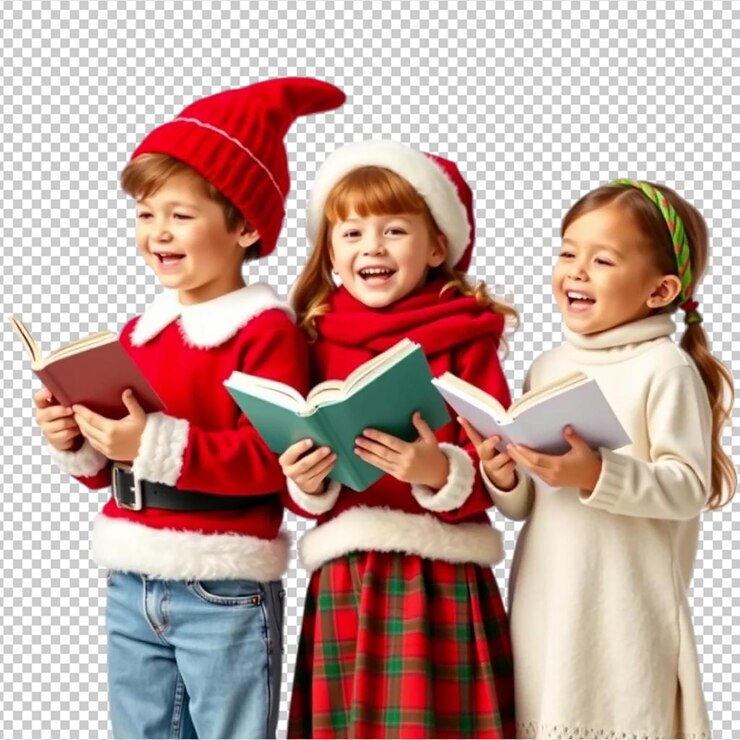 PSD tres niños adorables con sombreros de papá noel leyendo libros de navidad niños divertidos rojos canción de navidad feliz
