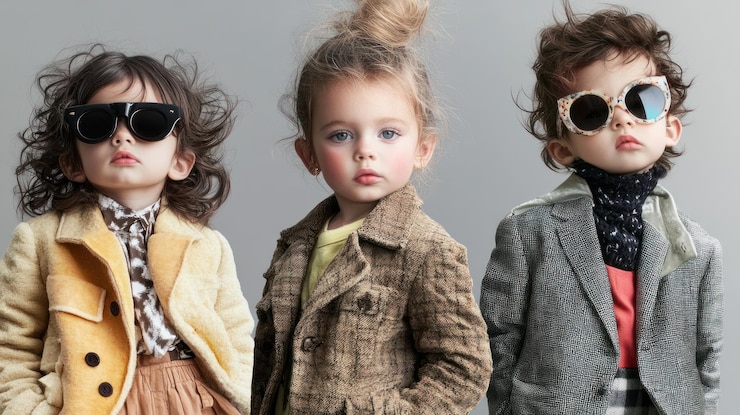 PSD tres niños elegantes posando con trajes de moda