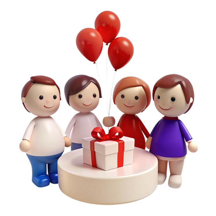 PSD tres niños están de pie alrededor de una mesa con una caja de globos rojos y una cinta roja