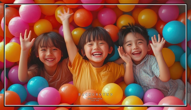 Tres niños felices están jugando en un pozo de pelota con sus brazos