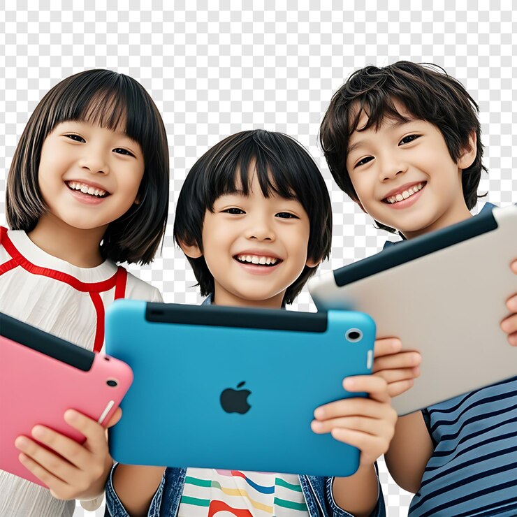 PSD tres niños con tabletas y sonrientes aislados en un fondo transparente