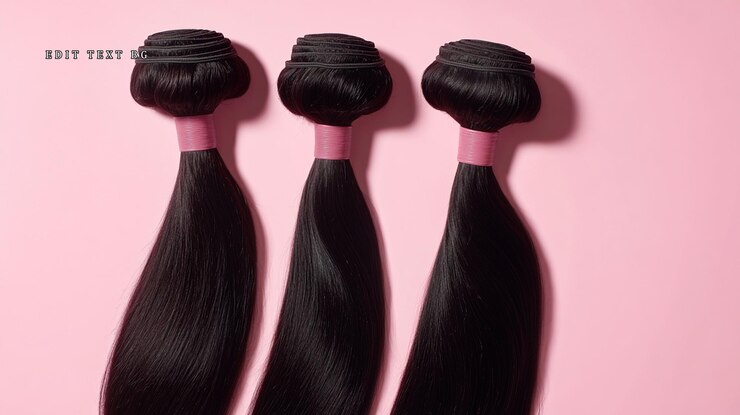 PSD tres paquetes de extensiones de cabello humano negro recto sobre un fondo rosado