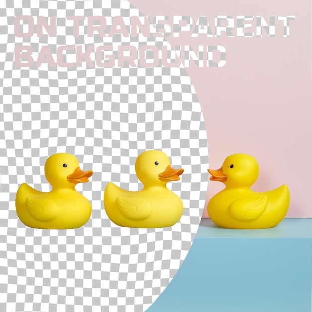 PSD três patos de borracha amarelos estão em uma plataforma azul com um fundo rosa