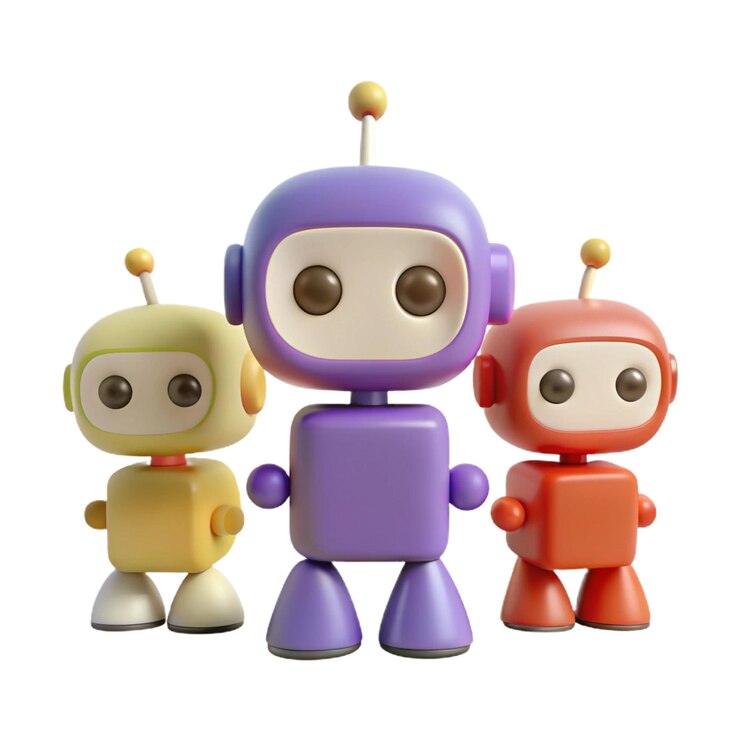 PSD tres personajes de juguete con uno de ellos tiene un robot púrpura en el frente