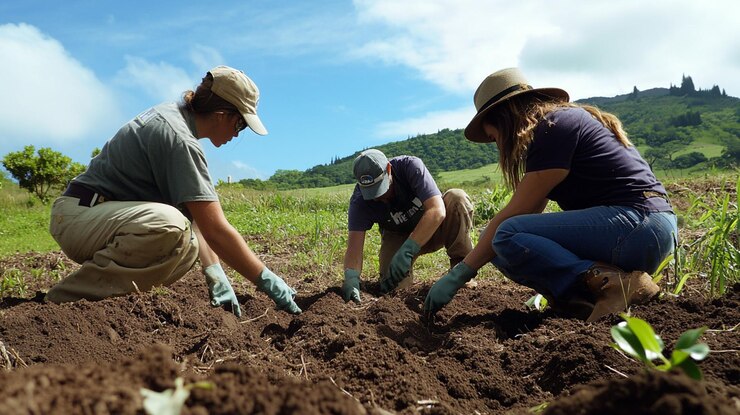 PSD tres personas plantando plántulas en un campo
