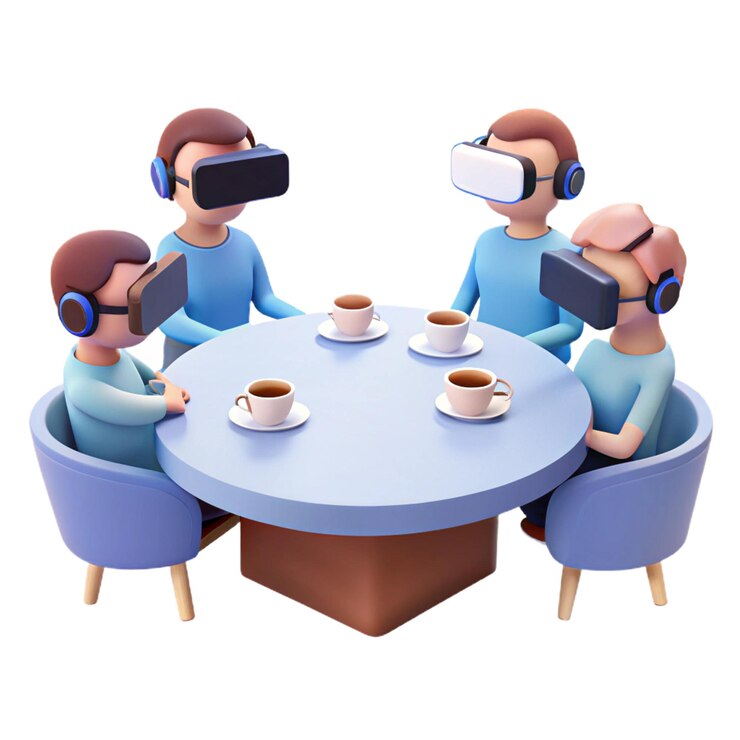 PSD três pessoas sentadas em uma mesa com copos de café e uma mesa azul com xícaras de café