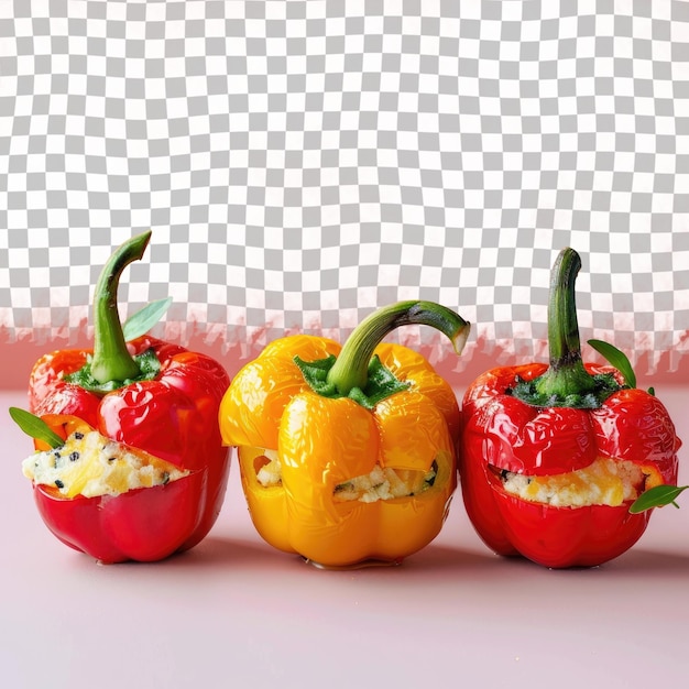 tres pimientos en miniatura con un pimiento amarillo en la parte superior y uno con la otra mitad comida