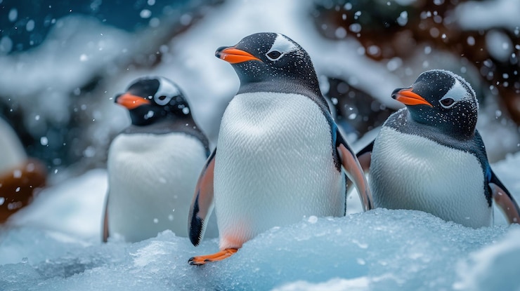 PSD tres pingüinos de pie en el suelo nevado mirando hacia arriba a la nieve que cae