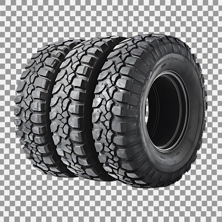 PSD três pneus de todo o terreno empilhados para veículos off-road ilustração automotiva resistente para projetos de aventura e manutenção de veículos