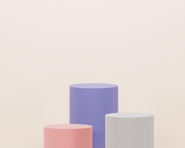 Três pódios cilíndricos de cor pastel para exibição de produtos
