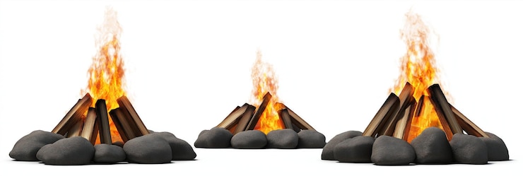 PSD tres pozos de fuego con diferentes diseños formas de teepee postes de madera modernos contemporáneos circulares