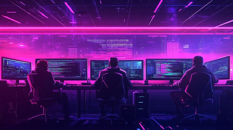 PSD tres programadores trabajan hasta tarde en la noche en una sala de servidores brillantemente iluminada centrados en sus pantallas de computadora que muestran líneas de código