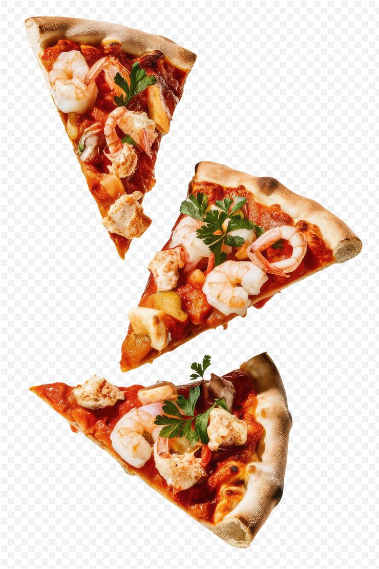 PSD tres rebanadas de pizza con camarón y camarón en ellos