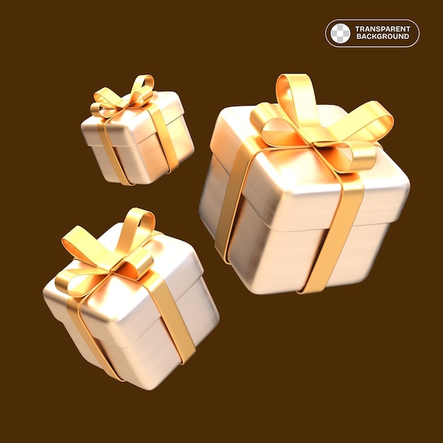 Tres regalos de oro con cintas de oro dispuestas en un diseño 3D con un fondo transparente