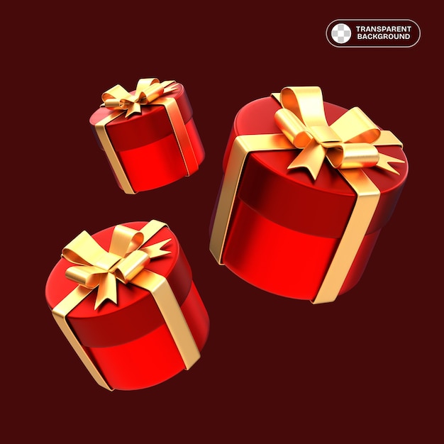 Tres regalos rojos redondos con cintas de oro dispuestos en un diseño 3D con un fondo transparente