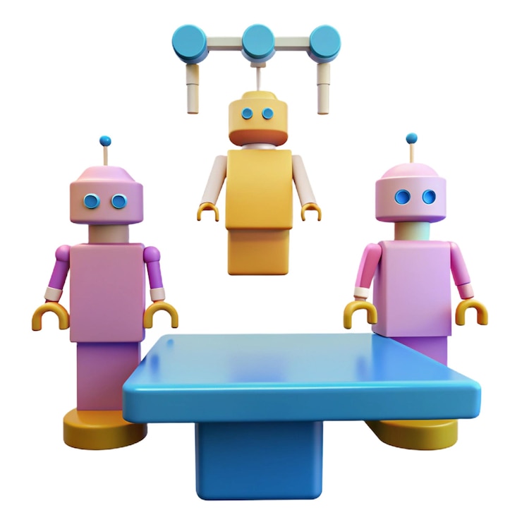 PSD tres robots de colores están en una mesa con uno que dice robot
