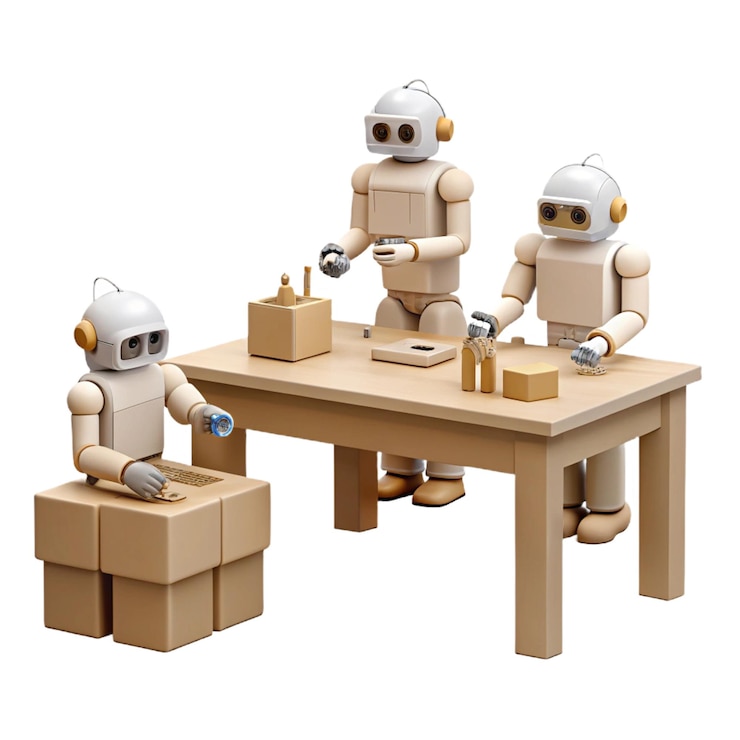 PSD tres robots están sentados en una mesa con cajas en ella