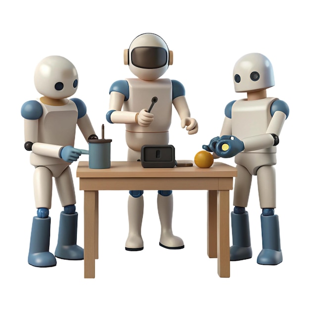 tres robots están sentados en una mesa de los cuales uno es un robot