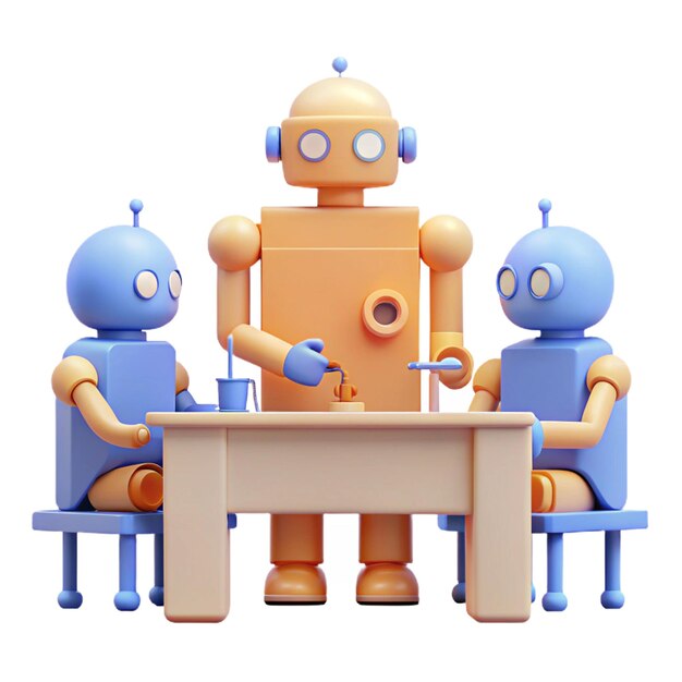 tres robots están sentados en una mesa con uno de ellos apuntando al otro