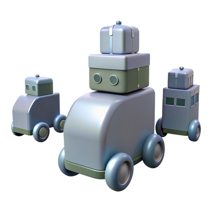 PSD tres robots de juguete con uno que dice robot en la parte inferior