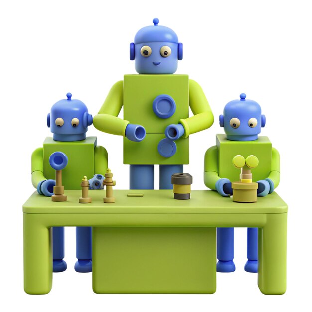 tres robots en una mesa con uno de ellos en un fondo blanco
