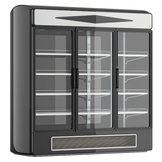 Tres secciones de vidrio puerta de doble temperatura Merchandiser combinación refrigerador congelador Merchandizer renderización 3D aislado en un fondo transparente