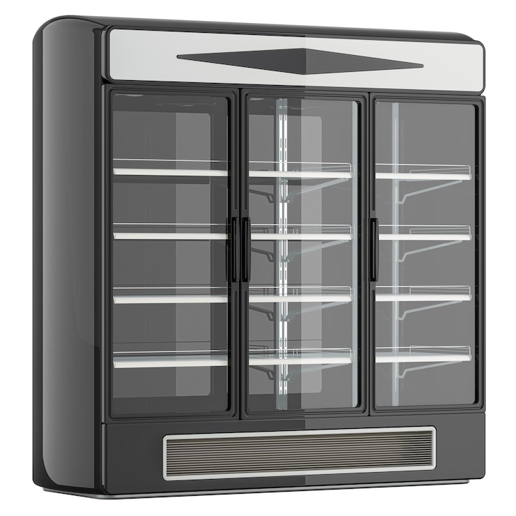 PSD três seções porta de vidro dupla temperatura merchandiser combinação frigorífico congelador merchandizer renderização 3d isolado em fundo transparente