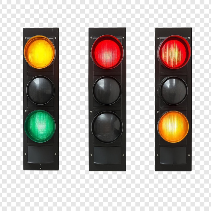 PSD tres semáforos que muestran señales amarillas, rojas y verdes seguridad de conducción control de tráfico farolas infraestructuras de transporte