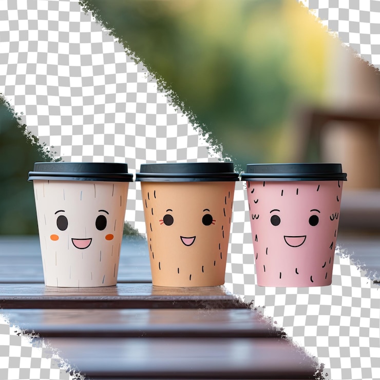 PSD tres tazas de café alegres hechas de papel de fondo transparente