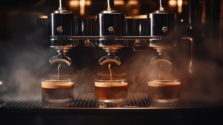 PSD tres tazas de espresso preparadas simultáneamente en una máquina de café