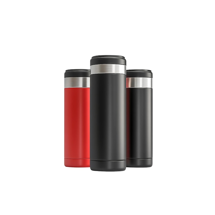 PSD tres tazas de viaje de acero inoxidable aisladas en rojo y negro