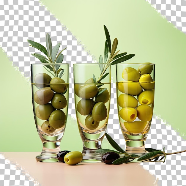 Tres tipos de aceitunas en vasos sobre un fondo transparente