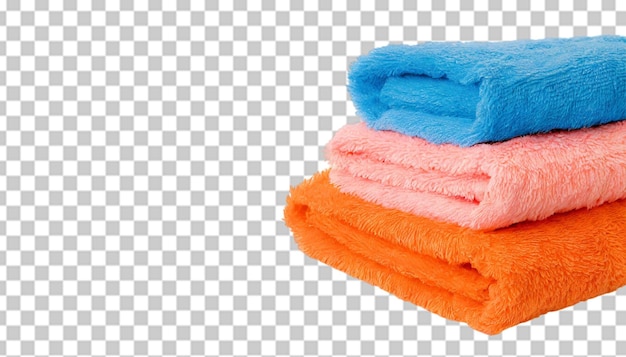PSD tres toallas azul naranja y rosa enrolladas aisladas en un fondo transparente