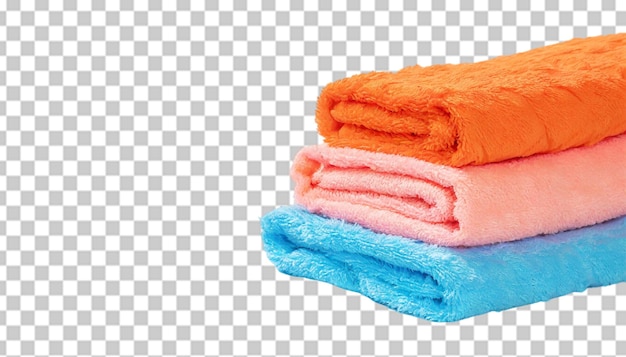 PSD tres toallas azul naranja y rosa enrolladas aisladas en un fondo transparente