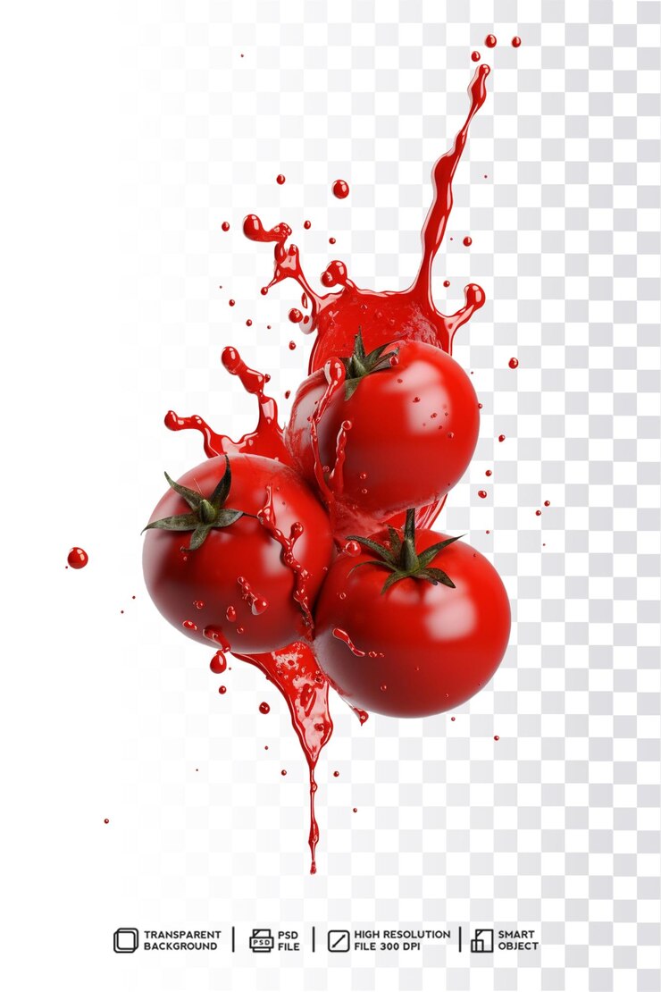 PSD tres tomates están cayendo en un chorrito de líquido.