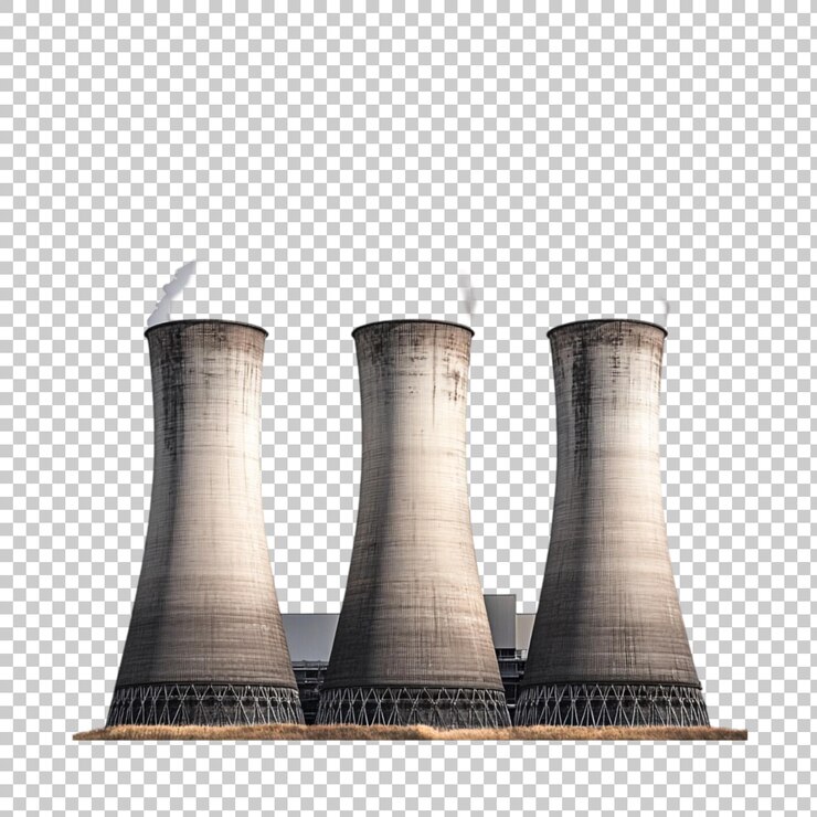 PSD três torres da central nuclear são mostradas em um fundo transparente