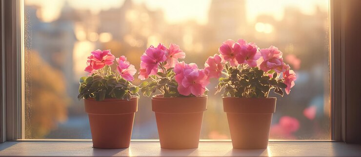 PSD três vasos de flores cor-de-rosa sentam-se em uma janela iluminada pela luz solar suave com uma paisagem urbana borrada ao fundo ar 167 v 61 job id beb87c0e710341adaa11254314df95ce