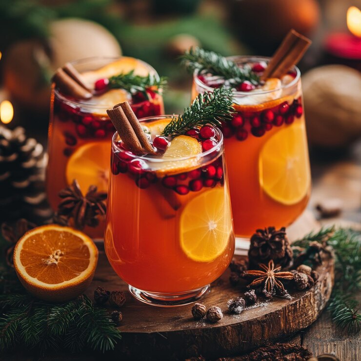 PSD tres vasos de sidra de naranja de arándano festivo con palitos de canela y ramas de hoja perenne en una tabla de madera