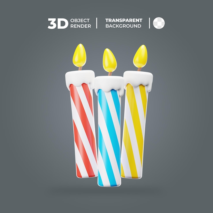 PSD tres velas de cumpleaños coloridas con llamas amarillas en un fondo gris