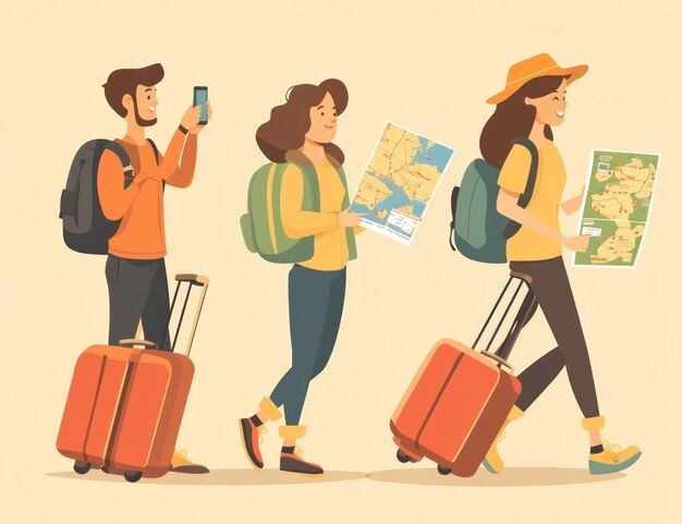 Tres viajeros con equipaje y mapas planeando un viaje